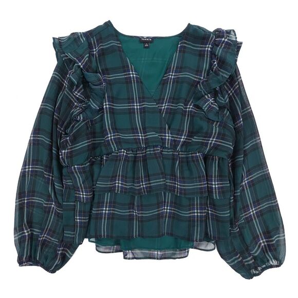 NEW Torrid Chiffon Ruffled Surplice Neck Peplum Blouse Green Plaid Cottagecore - Picture 1 of 7
